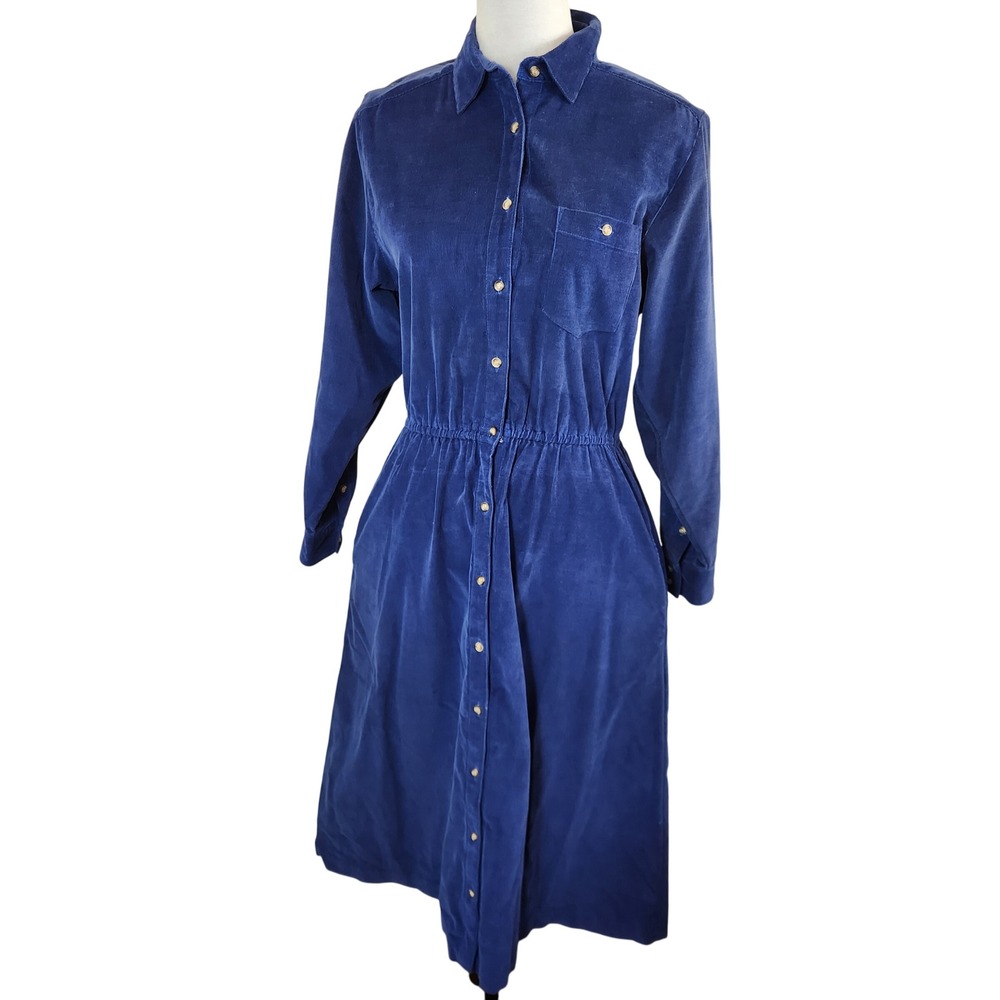 Eddie Bauer Womens Small Blue Corduroy Button Prairie Dress Cottagecore Modest